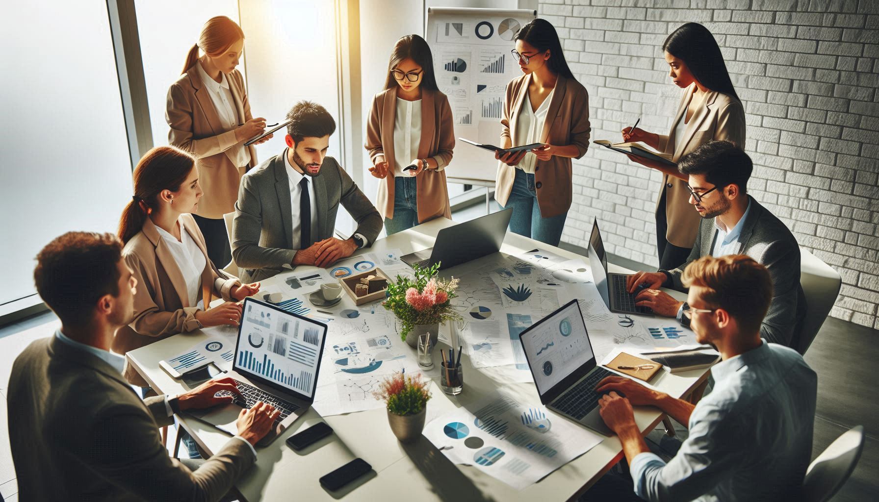 "Digital marketing concept with a laptop, smartphone, and tablet on a desk, surrounded by icons and graphs representing online marketing channels