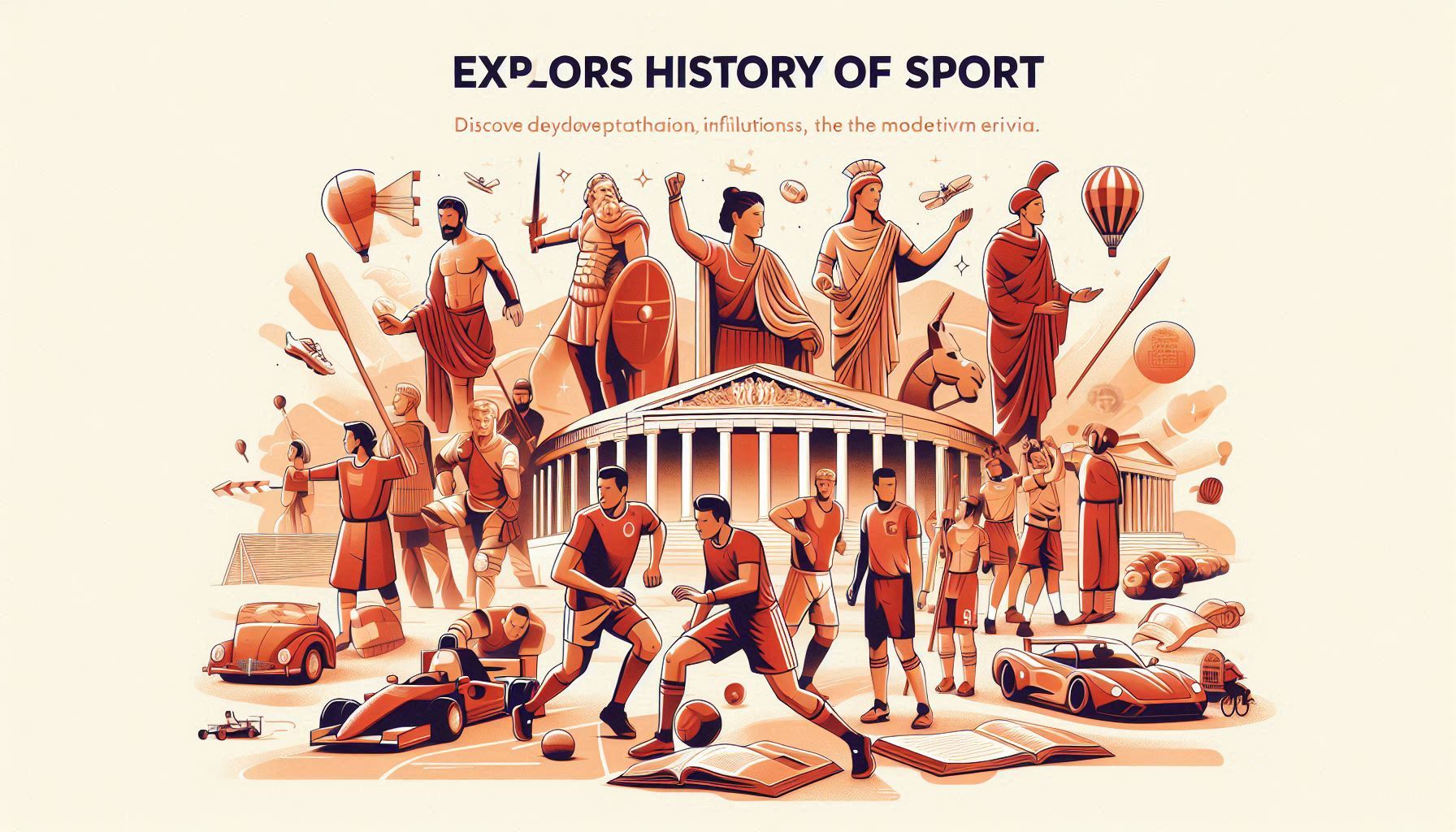 An illustration depicting various sports throughout history, including ancient Greek athletes, medieval knights jousting, and modern-day soccer players