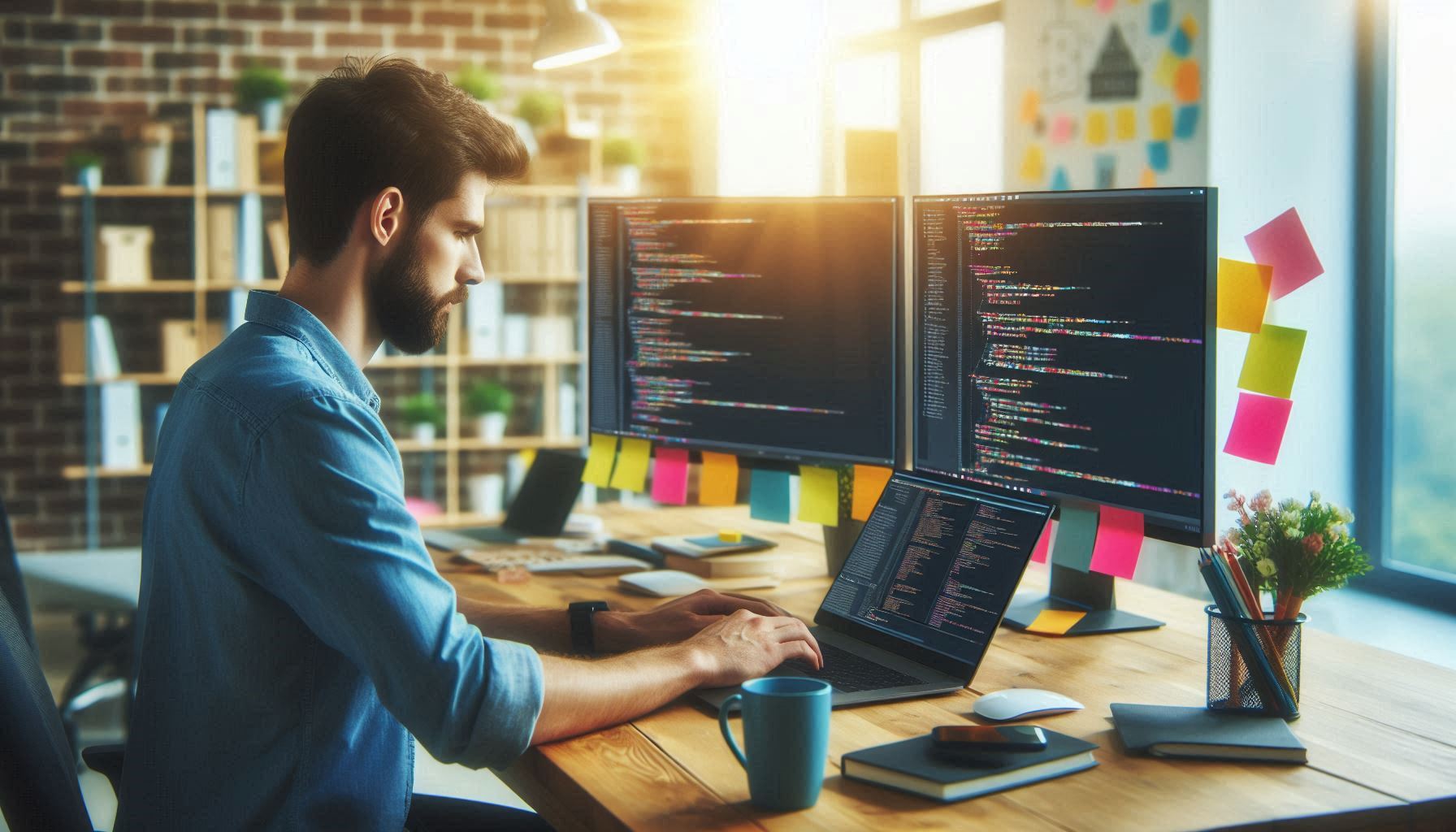 Full-stack developer working on a laptop with a cup of coffee, surrounded by coding books and a whiteboard with notes and diagrams.