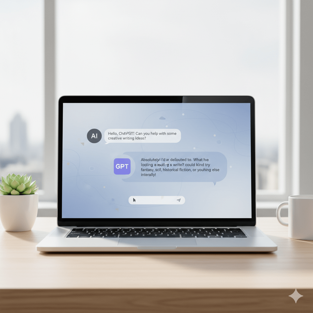 A clean, modern laptop sitting on a wooden desk displays the ChatGPT interface on its screen. The screen shows a conversation between "AI" (ChatGPT) and a user, with bright sunlight shining through a window in the background.